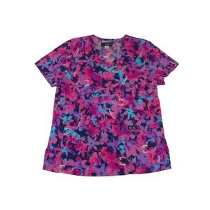 Koi Basics Womens Floral Butterfly Scrub Top Pink Purple Blue V-Neck Large 4080